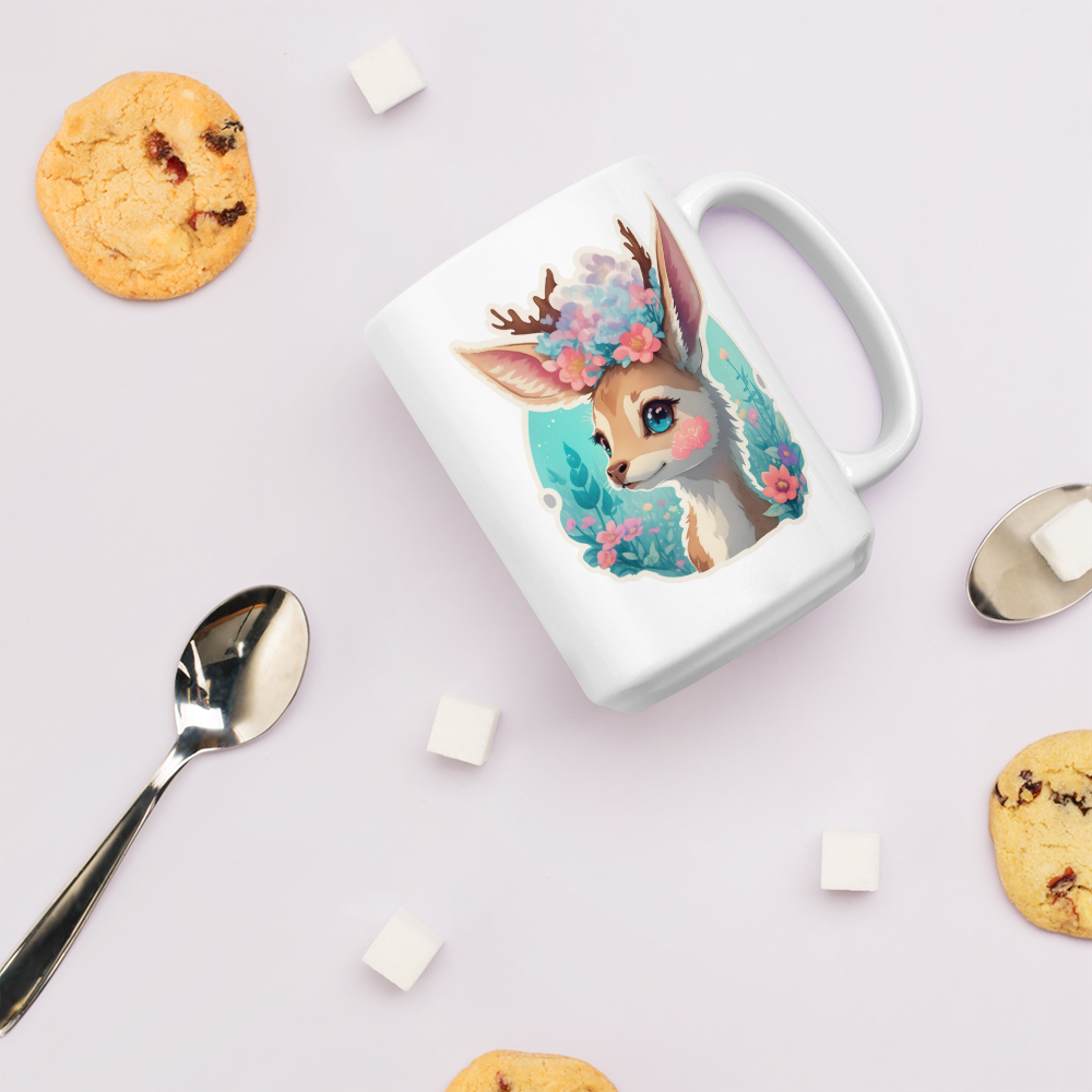 Adorit's Adorable Fawn (deer) with Flowers White glossy 11oz & 15oz mug | By PhilanthroBit