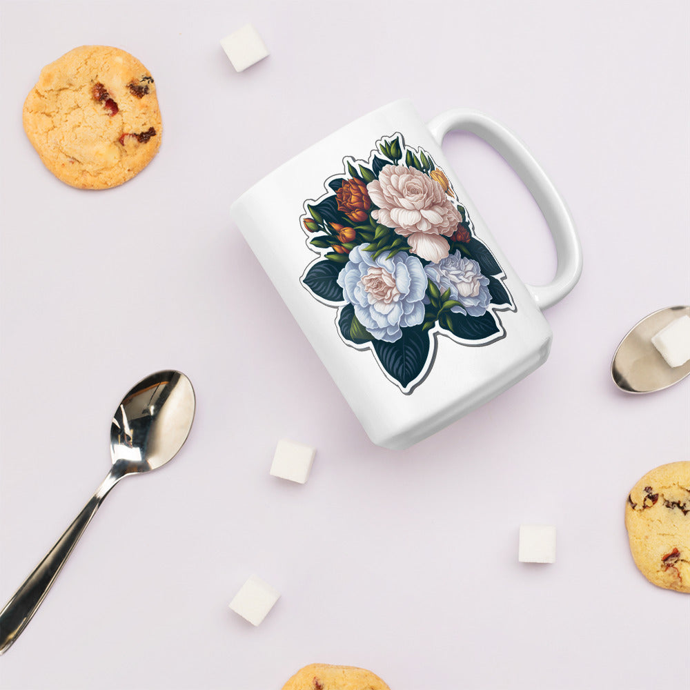 Adorit's Gardenias Bouquet Floral White glossy 15oz mug with cookies | By PhilanthroBit