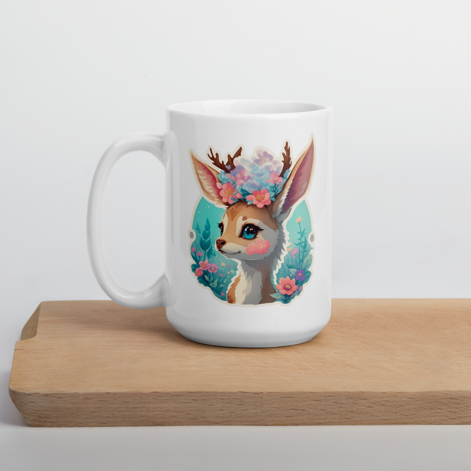 Adorit's Adorable Fawn (deer) with Flowers White glossy 11oz & 15oz mug | By PhilanthroBit