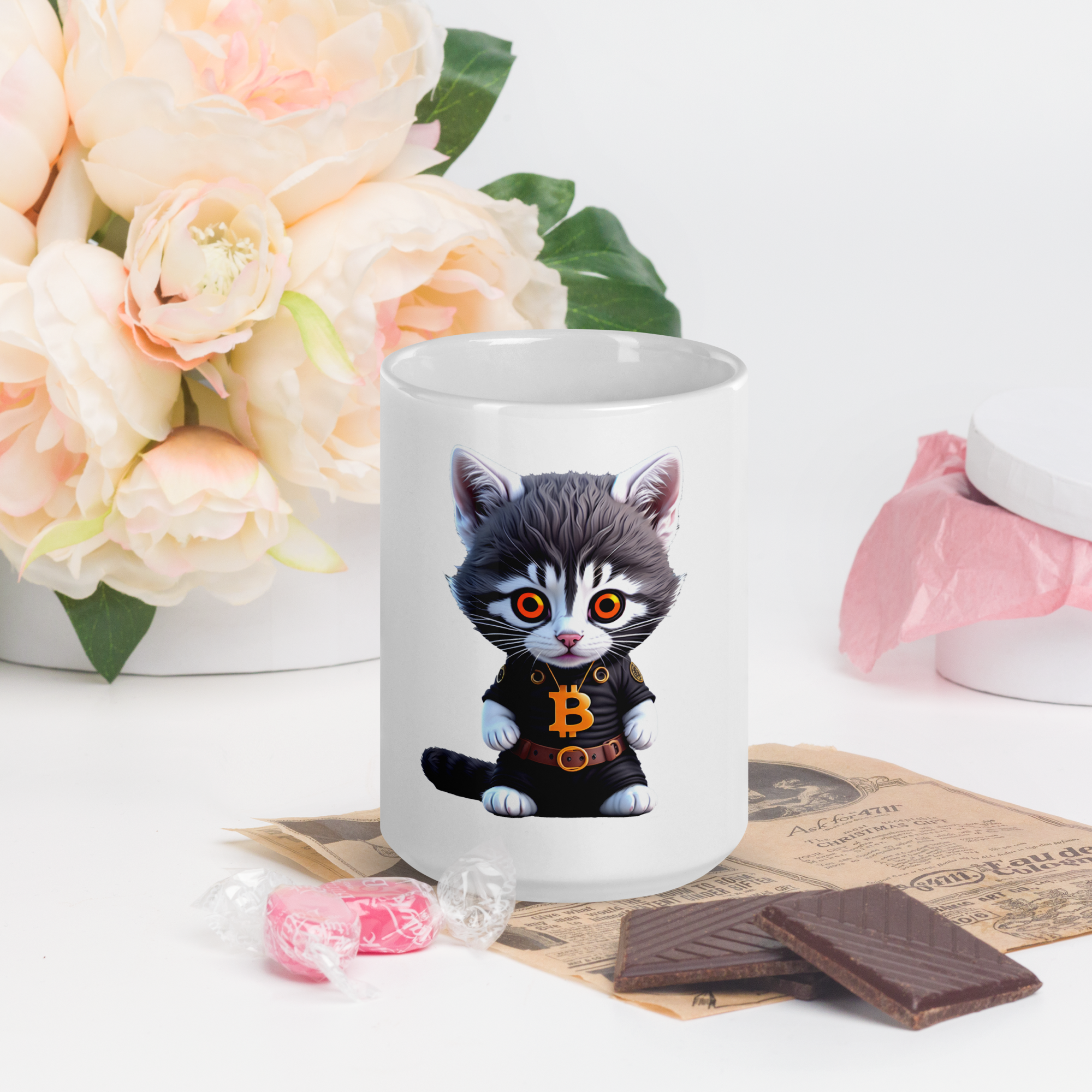 PhilanthroBit's Cool Bitcoin Cat 15oz White glossy mug - front flowers