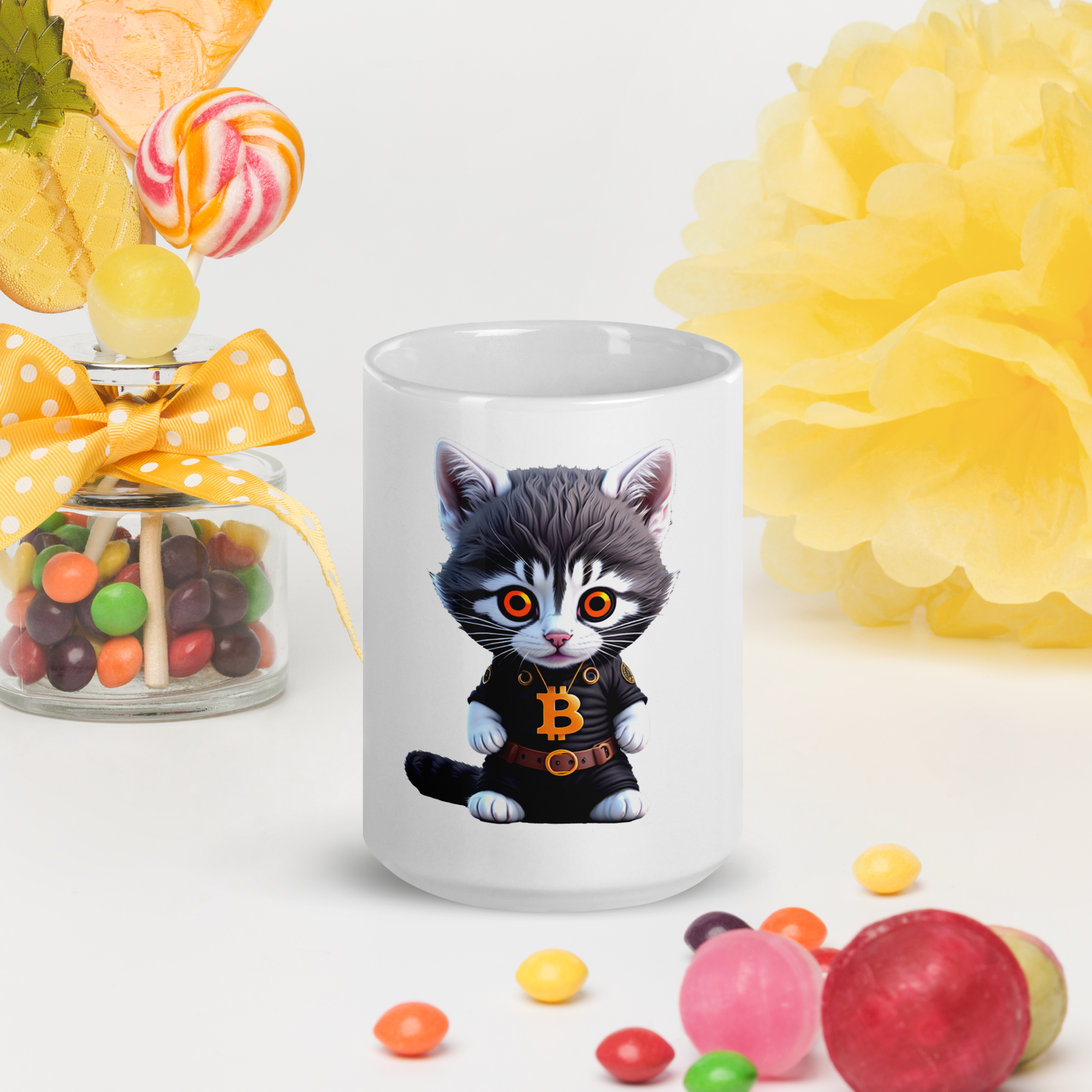 PhilanthroBit's Cool Bitcoin Cat 15oz White glossy mug candy