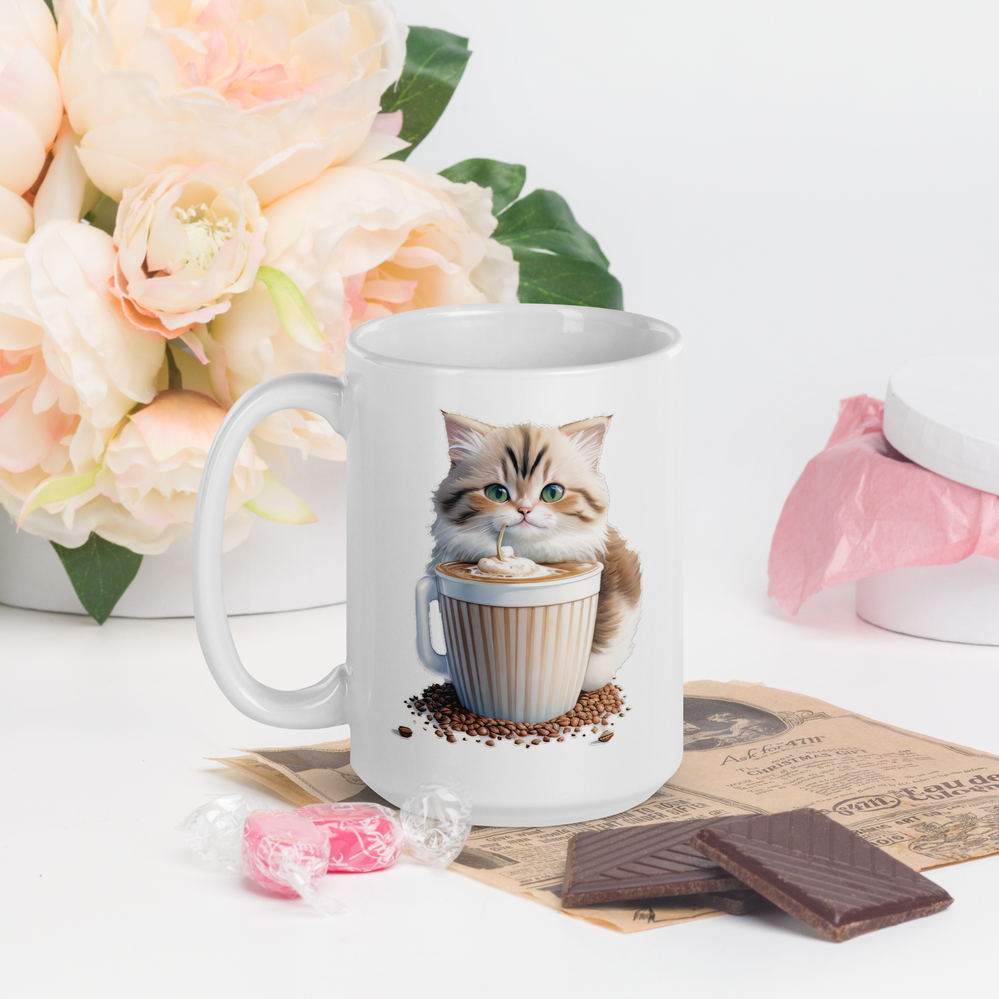 Adorit's Adorable Kitten Drinking Coffee 15oz White glossy mug with chocolate | By PhilanthroBit