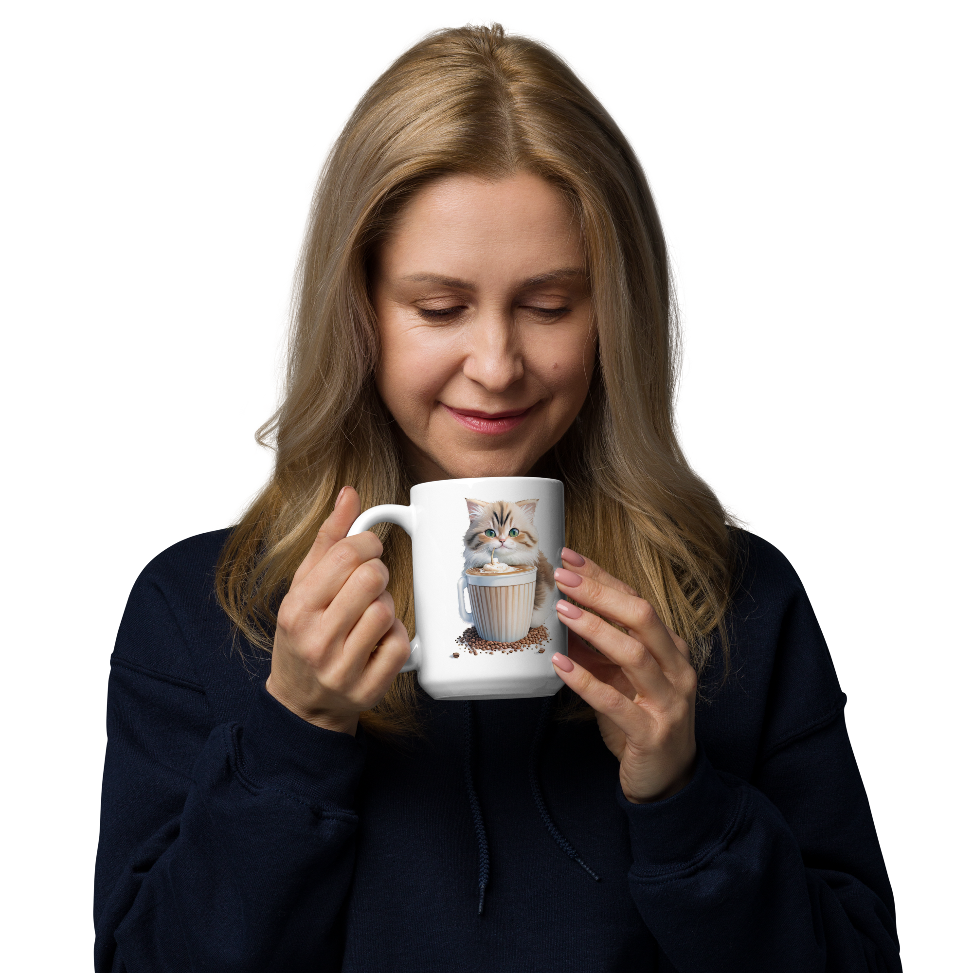 Adorit's Adorable Kitten Drinking Coffee 11oz & 15oz White glossy mug | By PhilanthroBit