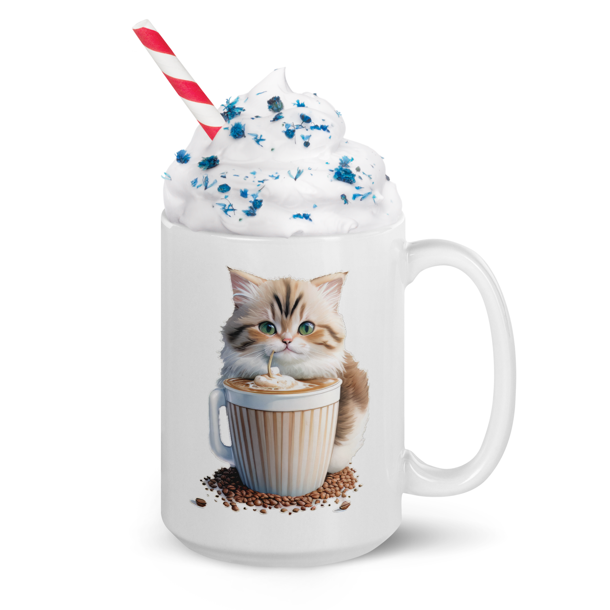 Adorit's Adorable Kitten Drinking Coffee 15oz White glossy mug with cream | By PhilanthroBit