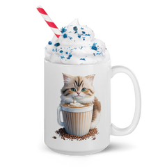 Adorit's Adorable Kitten Drinking Coffee 15oz White glossy mug with cream | By PhilanthroBit