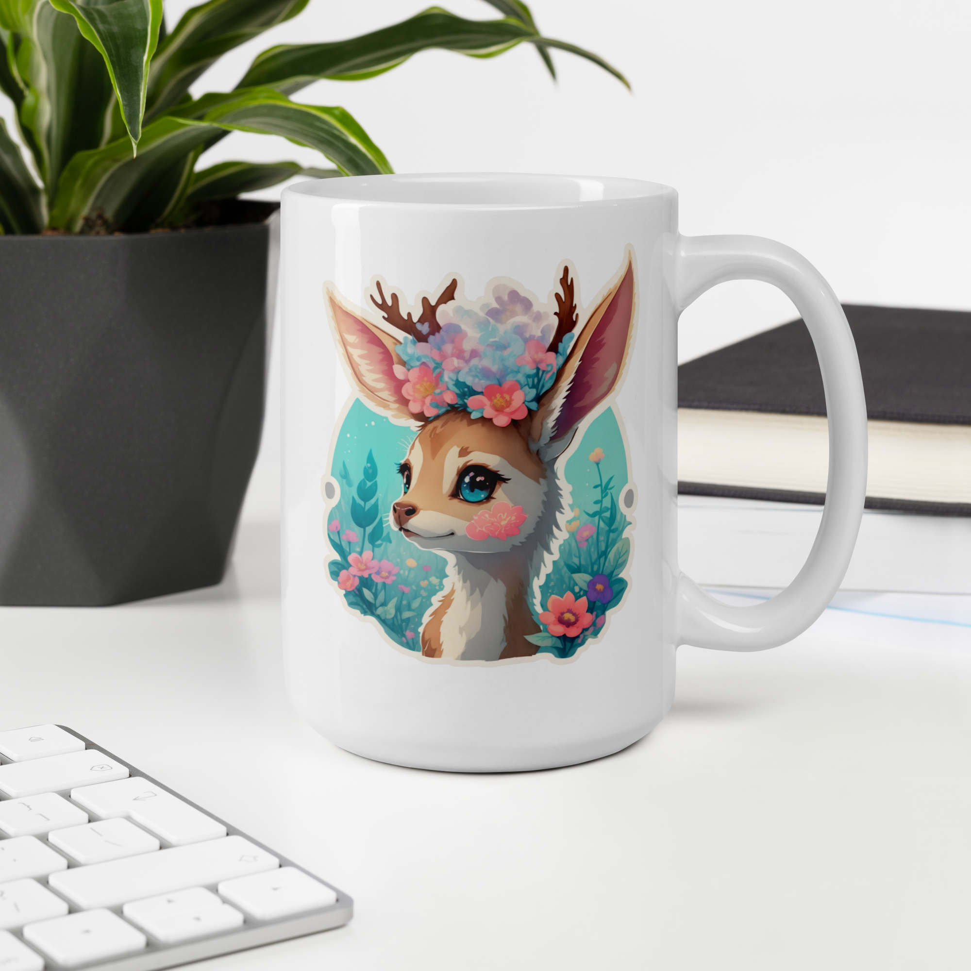 Adorit's Adorable Fawn (deer) with Flowers White glossy 11oz & 15oz mug | By PhilanthroBit