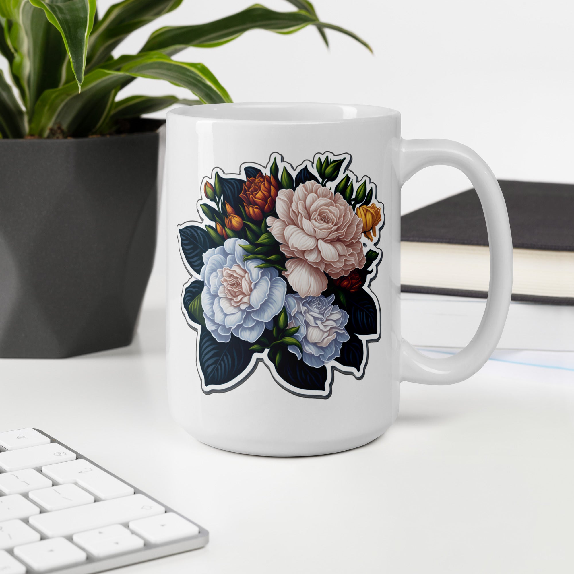 Adorit's Gardenias Bouquet Floral White glossy 15oz mug | By PhilanthroBit