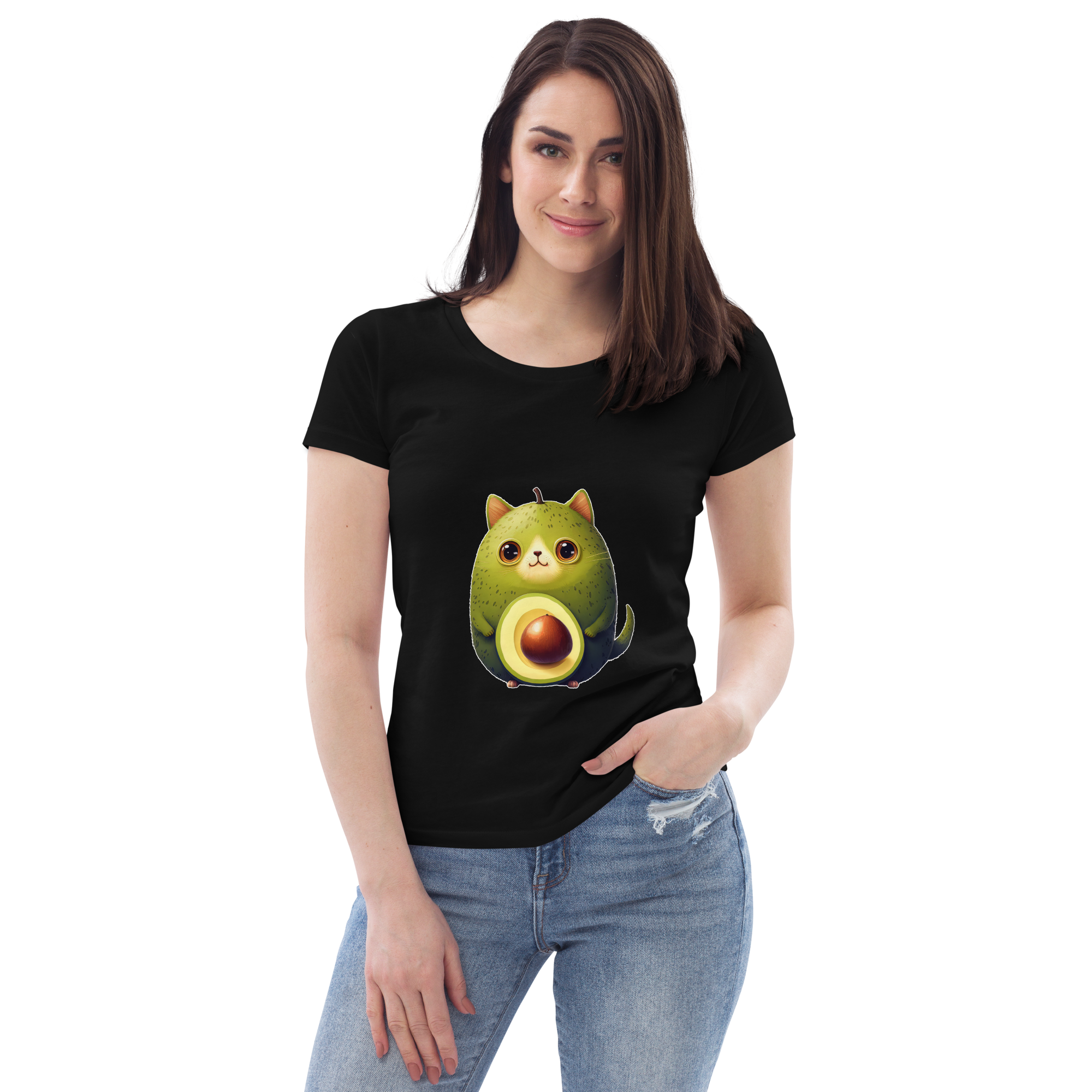 Adorit Women's fitted Avocado Cat 100% Organic eco tee - black, front | By PhilanthroBit