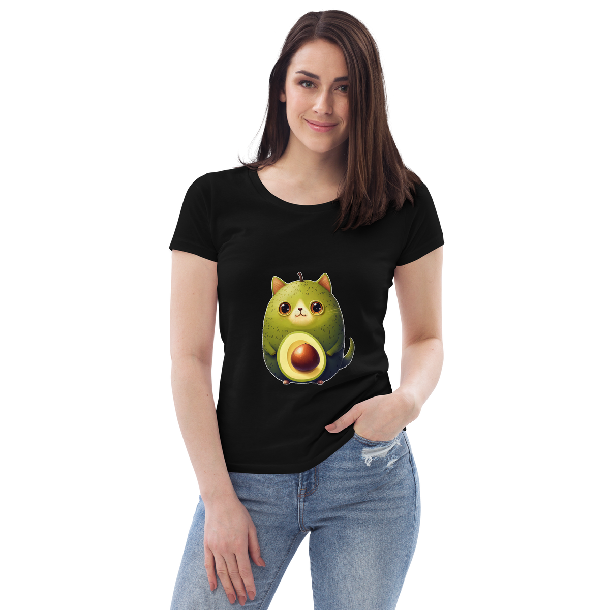 Adorit Women's fitted Avocado Cat 100% Organic eco tee - black, front | By PhilanthroBit