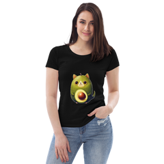 Adorit Women's fitted Avocado Cat 100% Organic eco tee - black, front | By PhilanthroBit