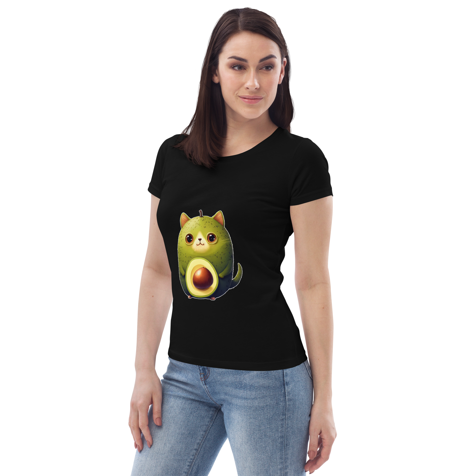 Adorit Women's fitted Avocado Cat 100% Organic eco tee - black, left | By PhilanthroBit