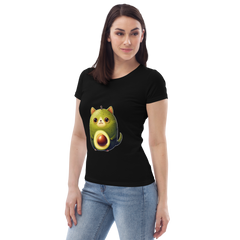 Adorit Women's fitted Avocado Cat 100% Organic eco tee - black, left | By PhilanthroBit