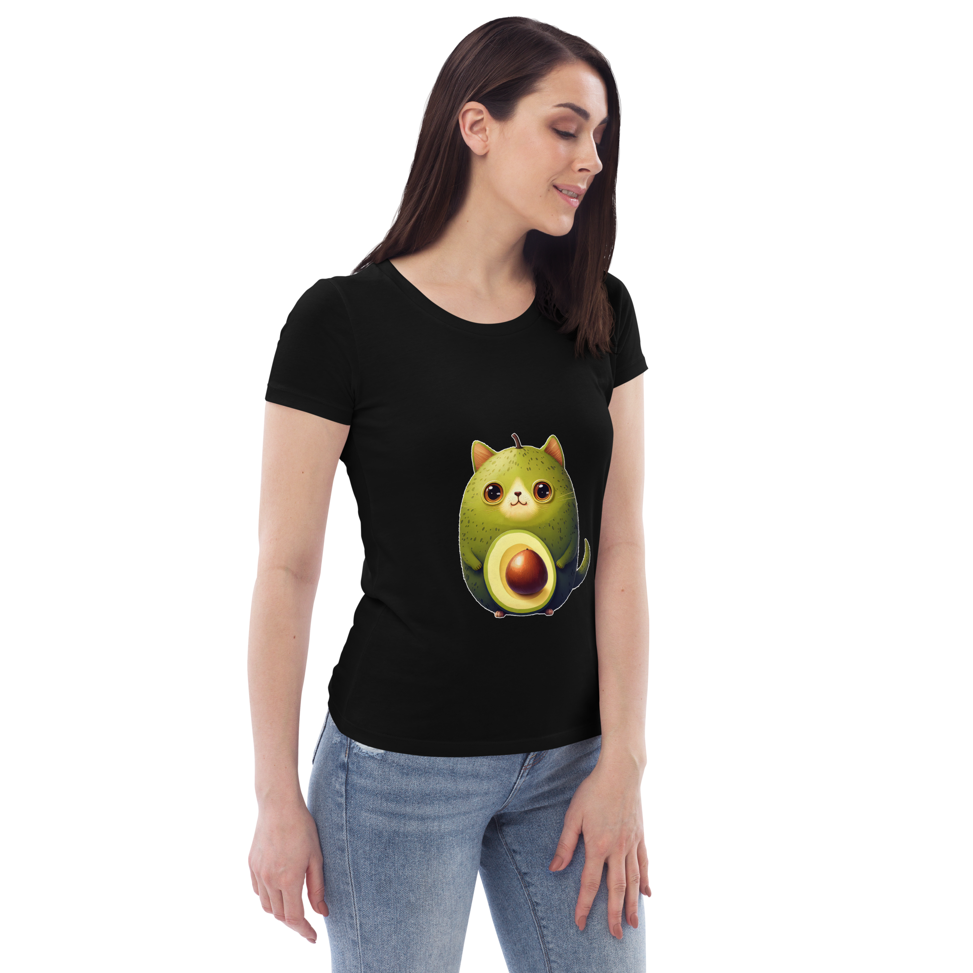 Adorit Women's fitted Avocado Cat 100% Organic eco tee - black, right | By PhilanthroBit