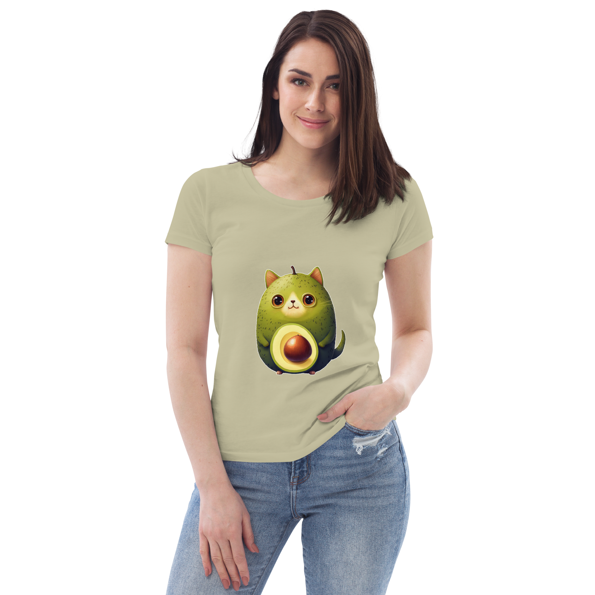 Adorit Women's fitted Avocado Cat 100% Organic eco tee - sage, front | By PhilanthroBit