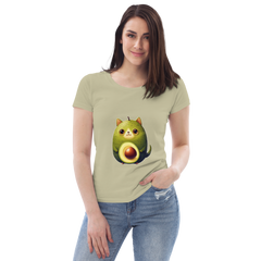 Adorit Women's fitted Avocado Cat 100% Organic eco tee - sage, front | By PhilanthroBit