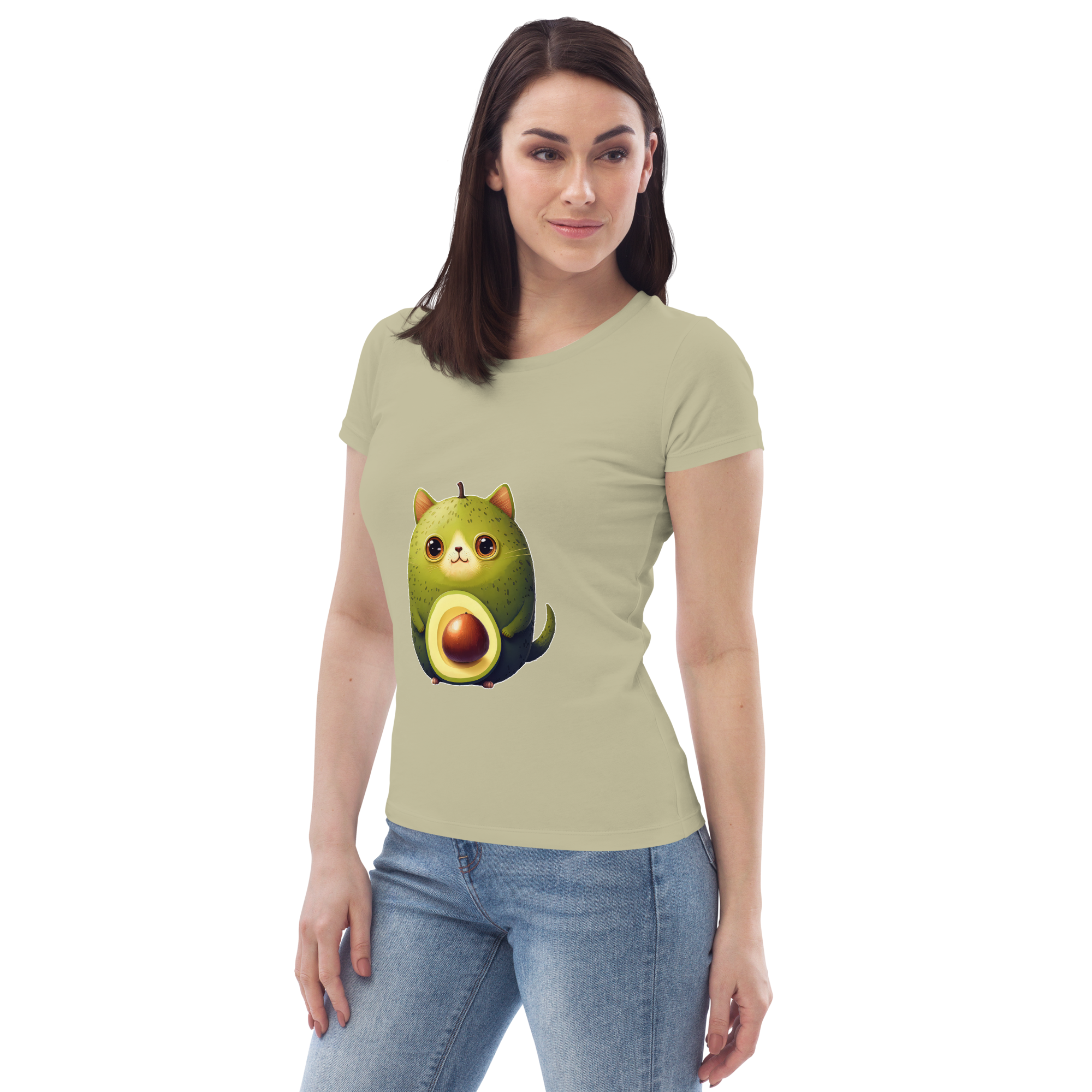 Adorit Women's fitted Avocado Cat 100% Organic eco tee - sage, left | By PhilanthroBit