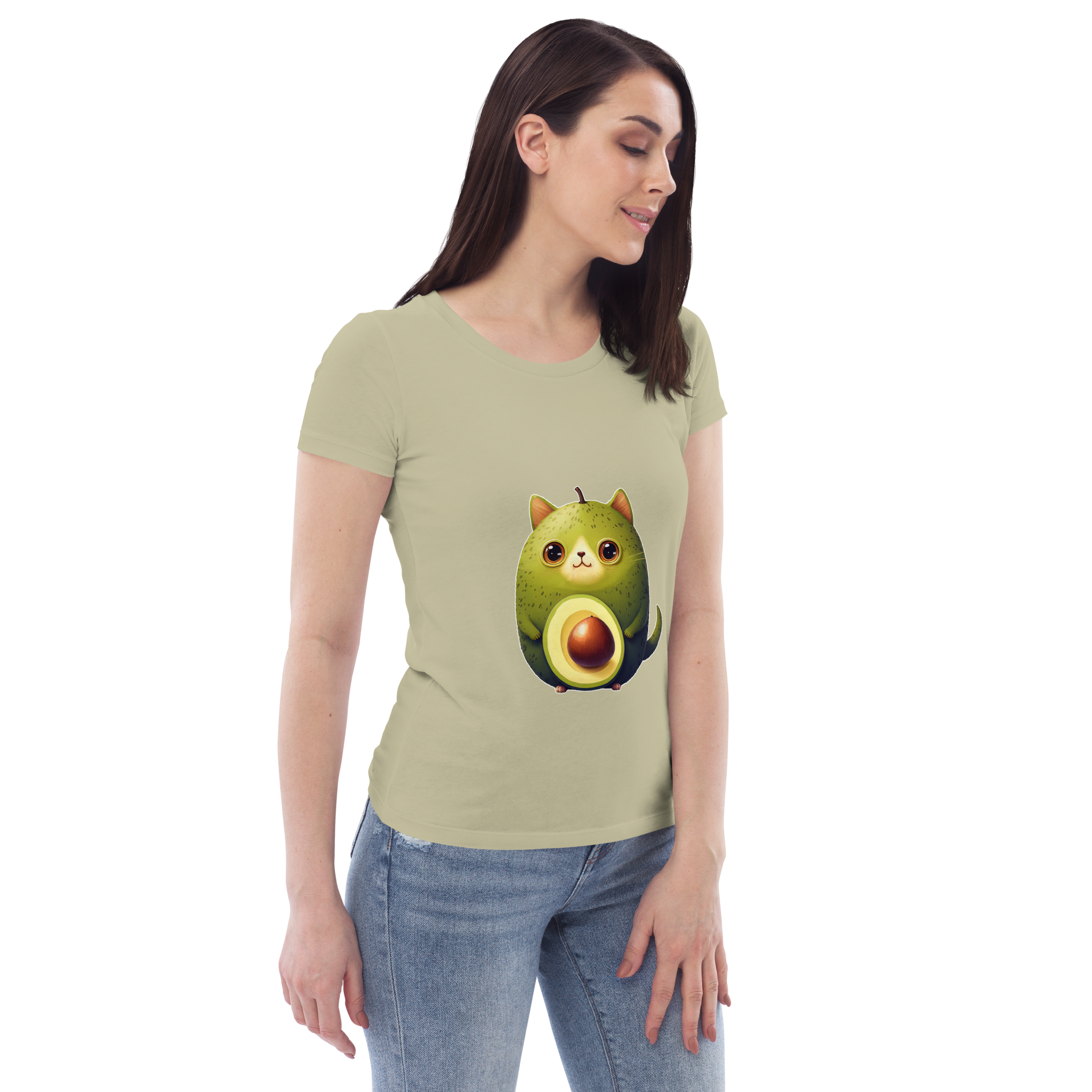 Adorit Women's fitted Avocado Cat 100% Organic eco tee - sage, right | By PhilanthroBit