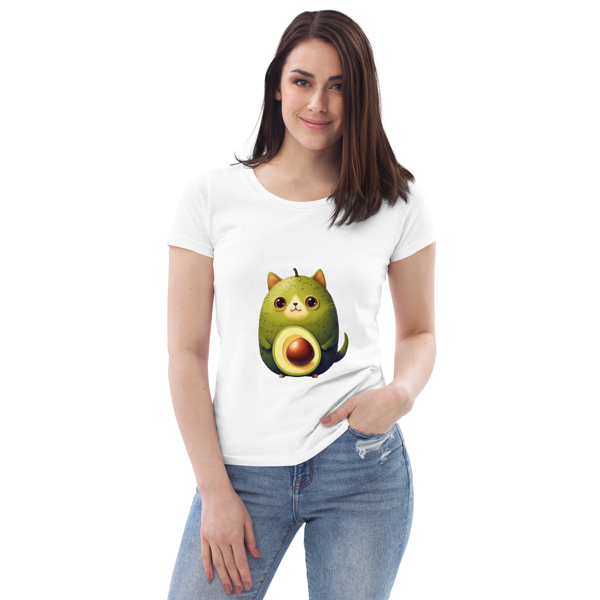 Adorit Women's fitted Avocado Cat 100% Organic eco tee - white, front | By PhilanthroBit