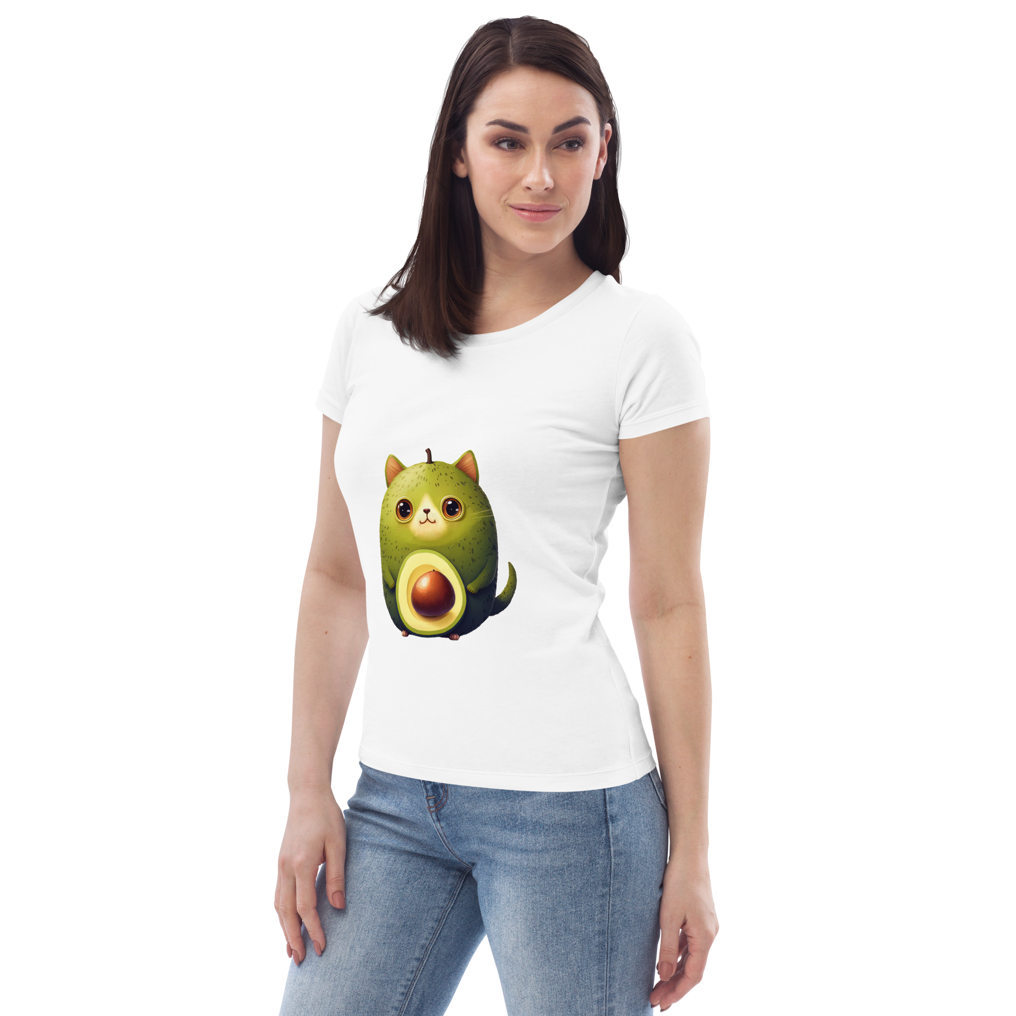 Adorit Women's fitted Avocado Cat 100% Organic eco tee - white, left | By PhilanthroBit