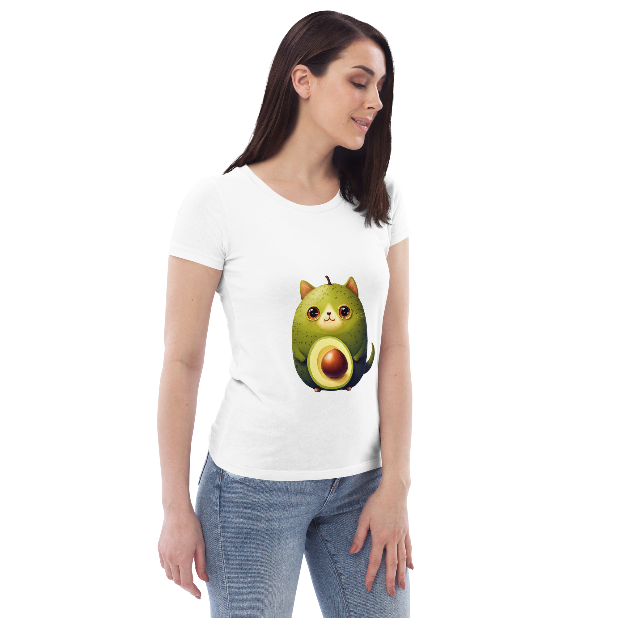 Adorit Women's fitted Avocado Cat 100% Organic eco tee - white, right | By PhilanthroBit