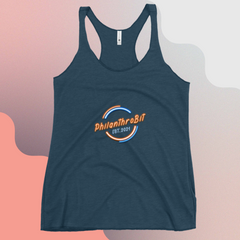 PhilanthroBit Members EST 2021 Women's Indigo Racerback Tank with colorful background |