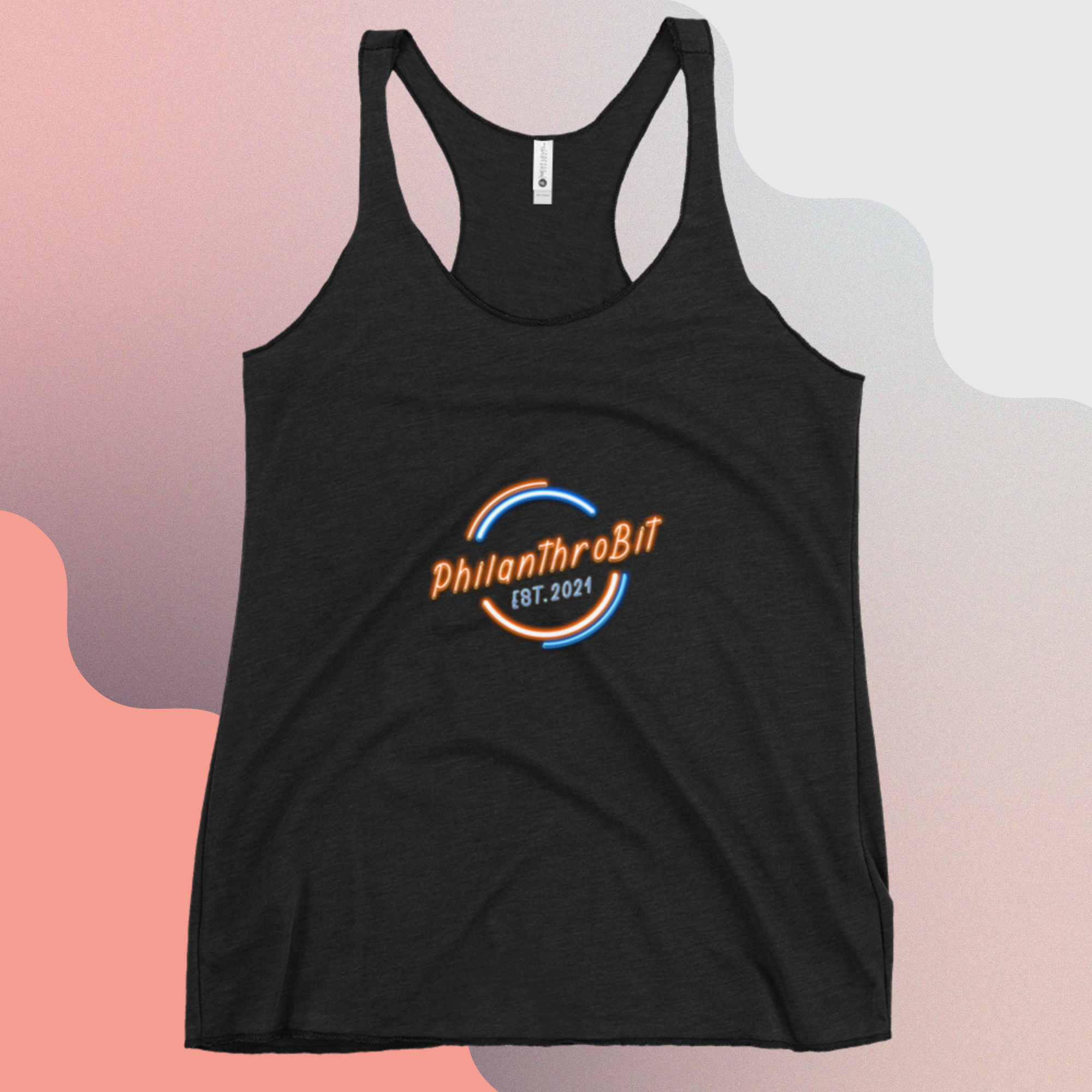 PhilanthroBit Members EST 2021 Women's Vintage Black Racerback Tank with colorful background | By PhilanthroBit