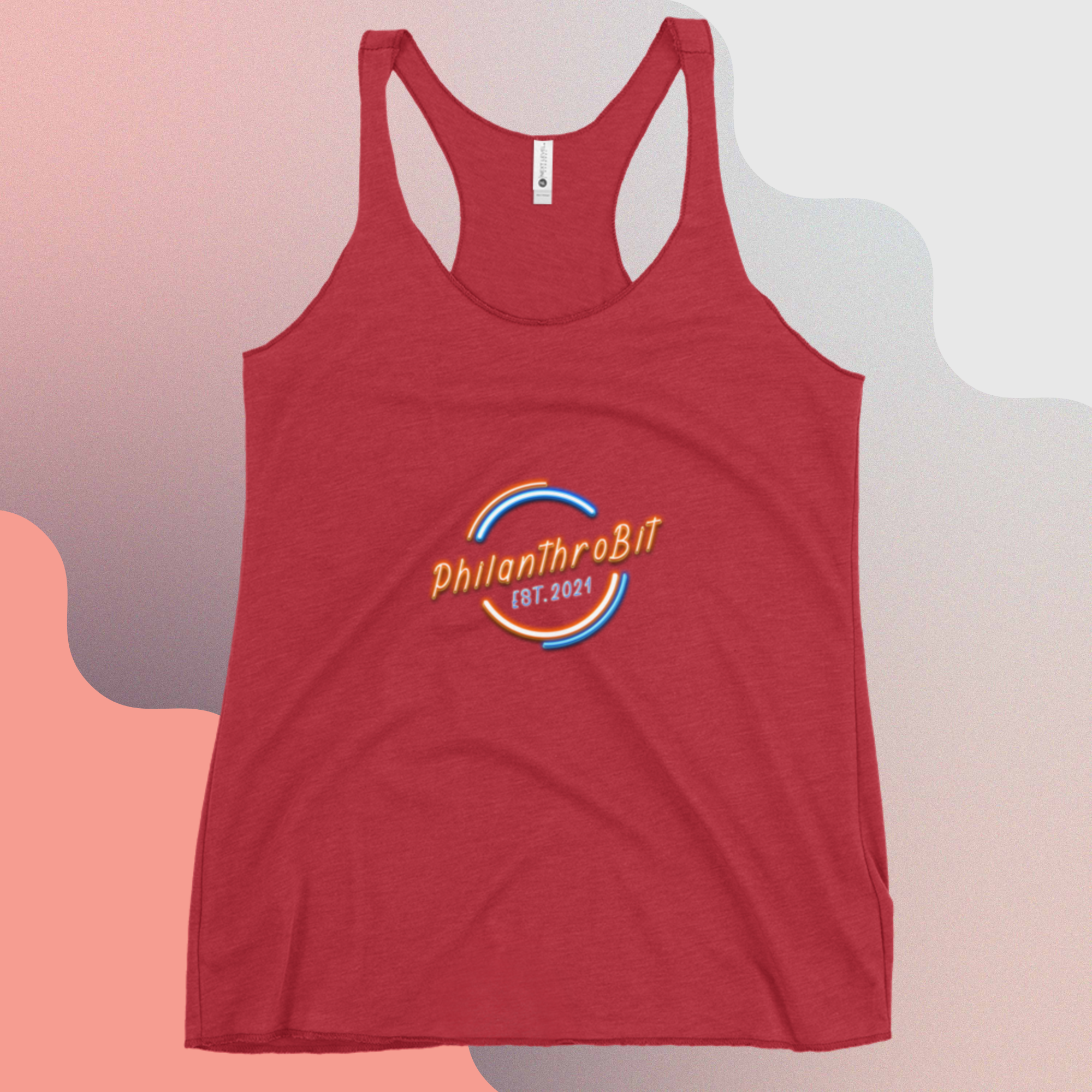 PhilanthroBit Members EST 2021 Women's Vintage Red Racerback Tank with colorful background |