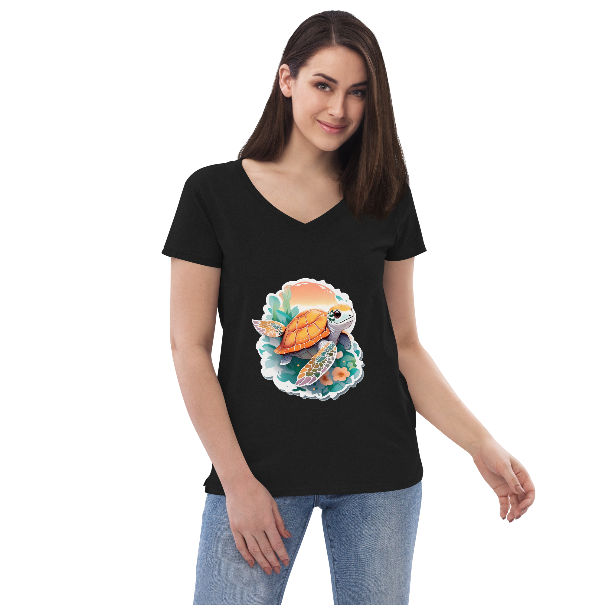 Adorit Sea Turtle Women’s 100% recycled black v-neck t-shirt - front 2 | By PhilanthroBit