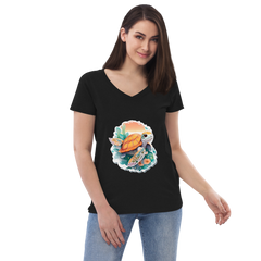 Adorit Sea Turtle Women’s 100% recycled black v-neck t-shirt - front 2 | By PhilanthroBit