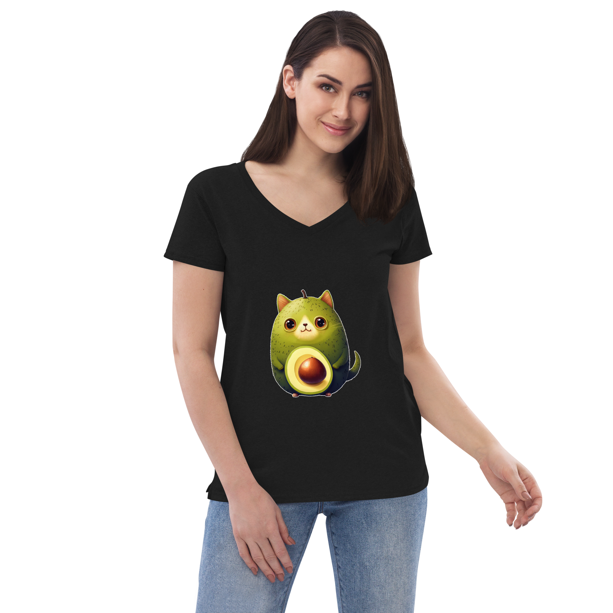 Adorit's Avocat (Avocado-Cat) Women’s 100% recycled v-neck t-shirt - black front 2 | By PhilanthroBit