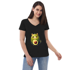 Adorit's Avocat (Avocado-Cat) Women’s 100% recycled v-neck t-shirt - black front 2 | By PhilanthroBit