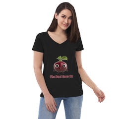 Adorit's The Beet Goes On Women’s 100% recycled black v-neck t-shirt - front 3 | By PhilanthroBit