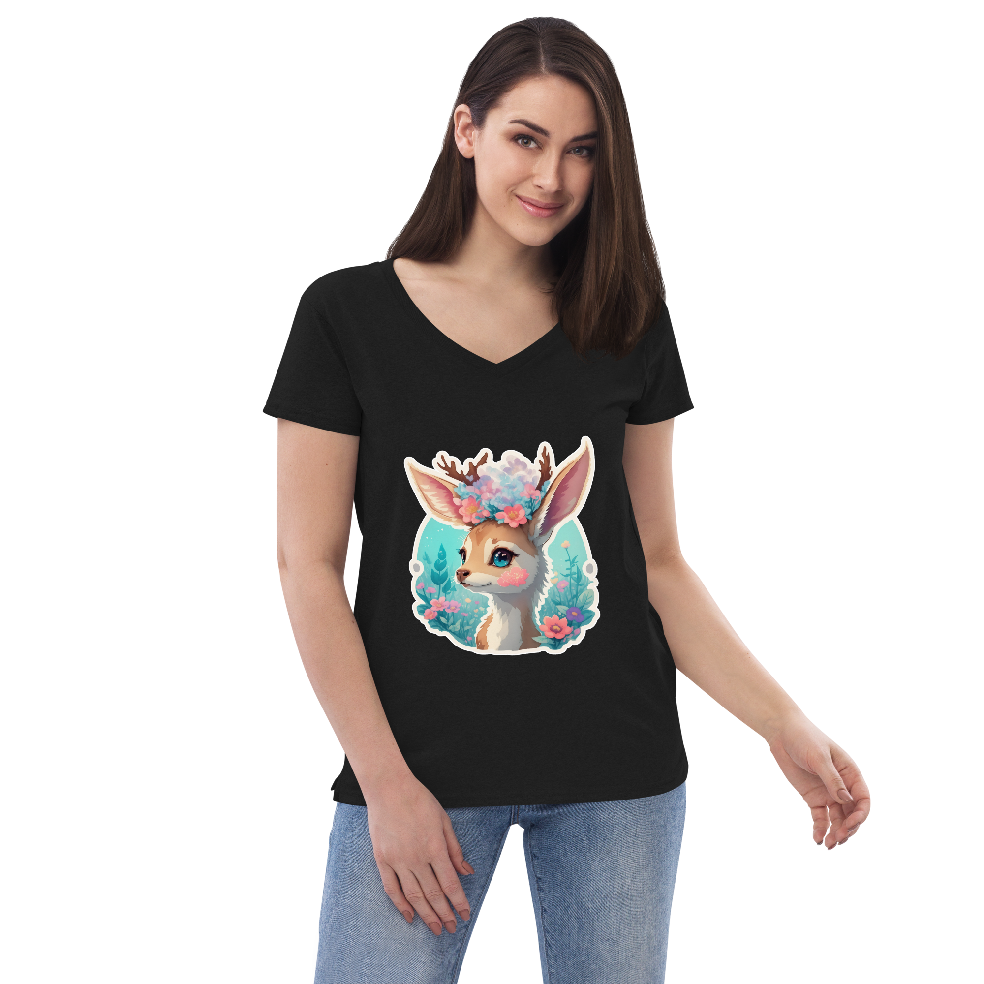 Adorit's Adorable Fawn (deer) with Flowers Eco Women’s 100% recycled black  v-neck t-shirt - front 2