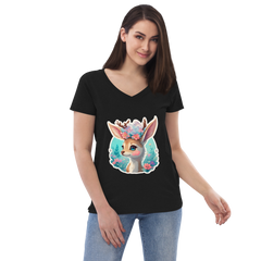 Adorit's Adorable Fawn (deer) with Flowers Eco Women’s 100% recycled black  v-neck t-shirt - front 2