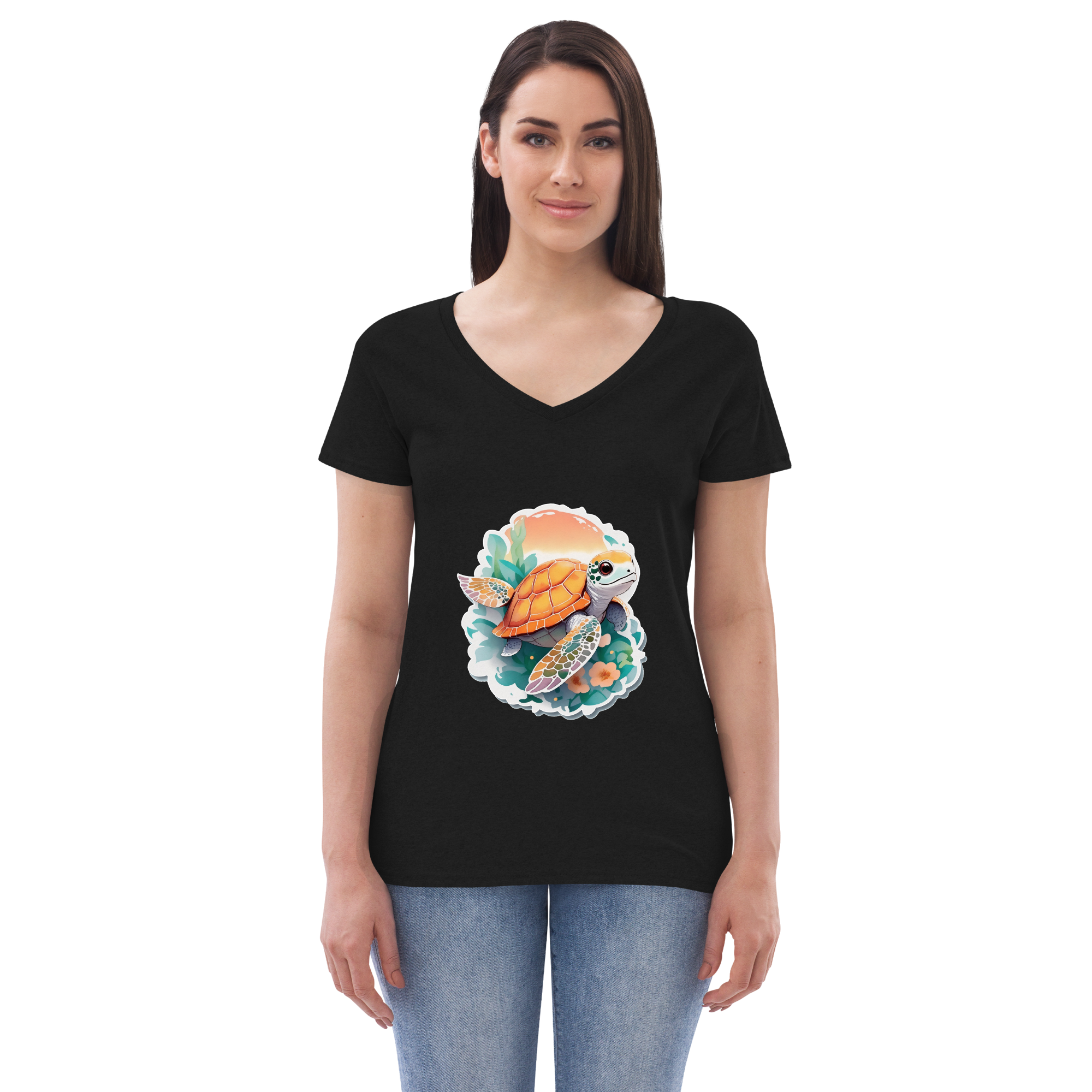 Adorit Sea Turtle Women’s 100% recycled black v-neck t-shirt - front | By PhilanthroBit