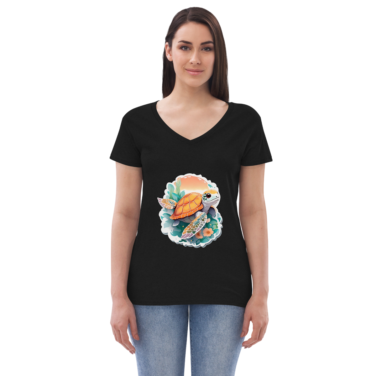 Adorit Sea Turtle Women’s 100% recycled black v-neck t-shirt - front | By PhilanthroBit