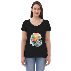 Adorit Sea Turtle Women’s 100% recycled black v-neck t-shirt - front | By PhilanthroBit