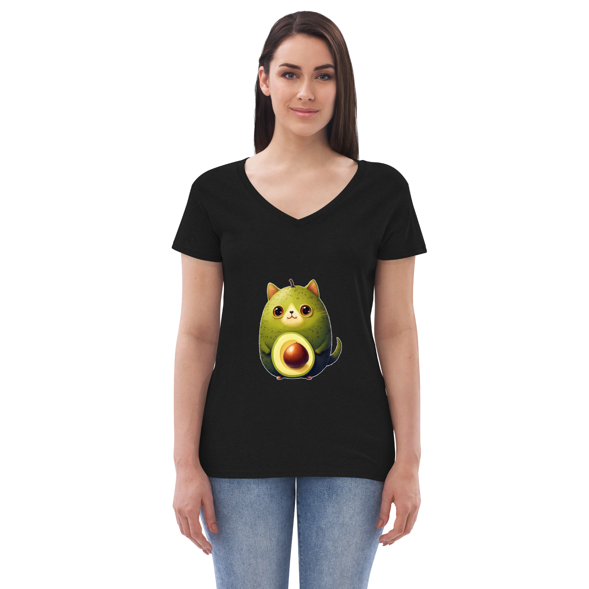 Adorit's Avocat (Avocado-Cat) Women’s 100% recycled v-neck t-shirt - black front | By PhilanthroBit