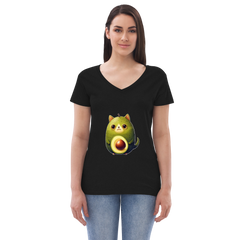 Adorit's Avocat (Avocado-Cat) Women’s 100% recycled v-neck t-shirt - black front | By PhilanthroBit