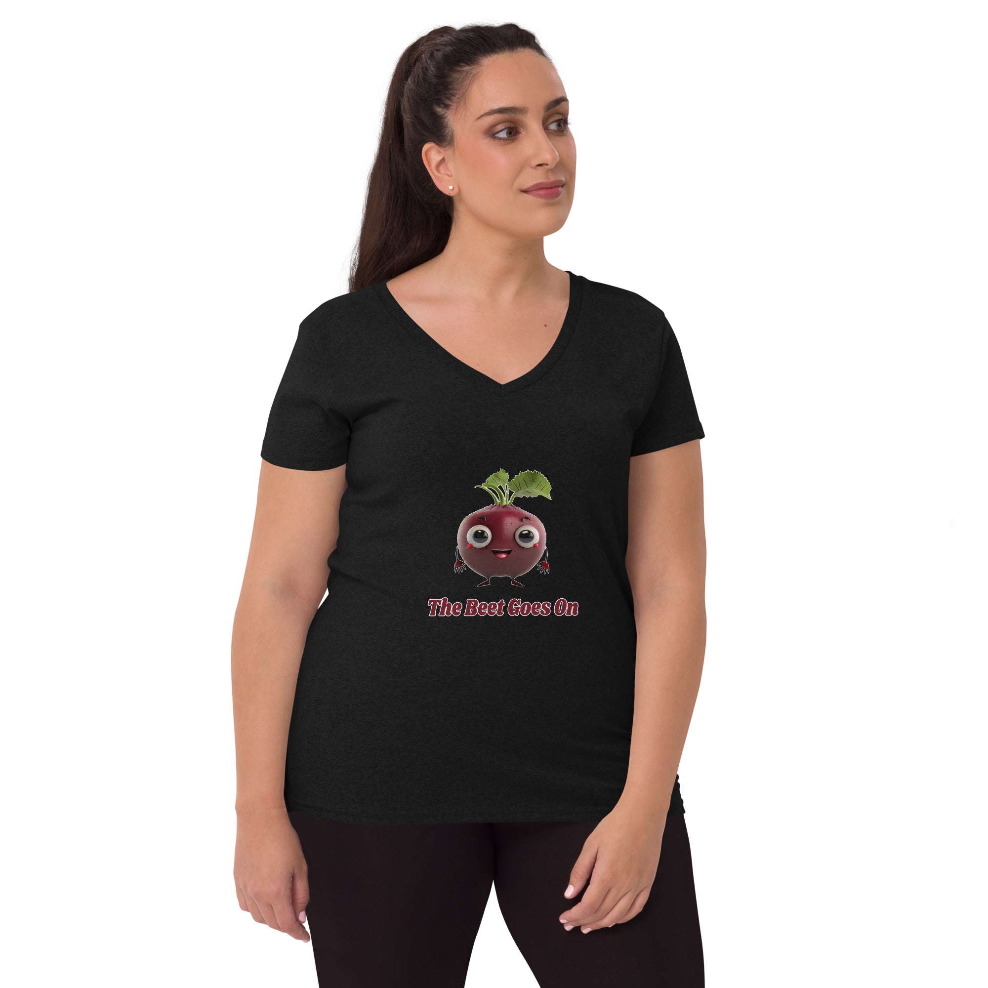 Adorit's The Beet Goes On Women’s 100% recycled black v-neck t-shirt - front | By PhilanthroBit