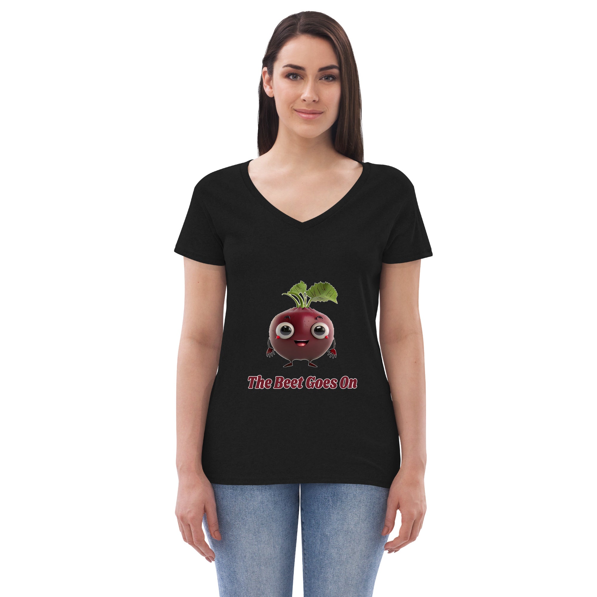 Adorit's The Beet Goes On Women’s 100% recycled black v-neck t-shirt - front 2 | By PhilanthroBit