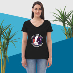 Adorit's "Not Your Mom Not Your Milk" Women’s 100% recycled black v-neck t-shirt | By PhilanthroBit