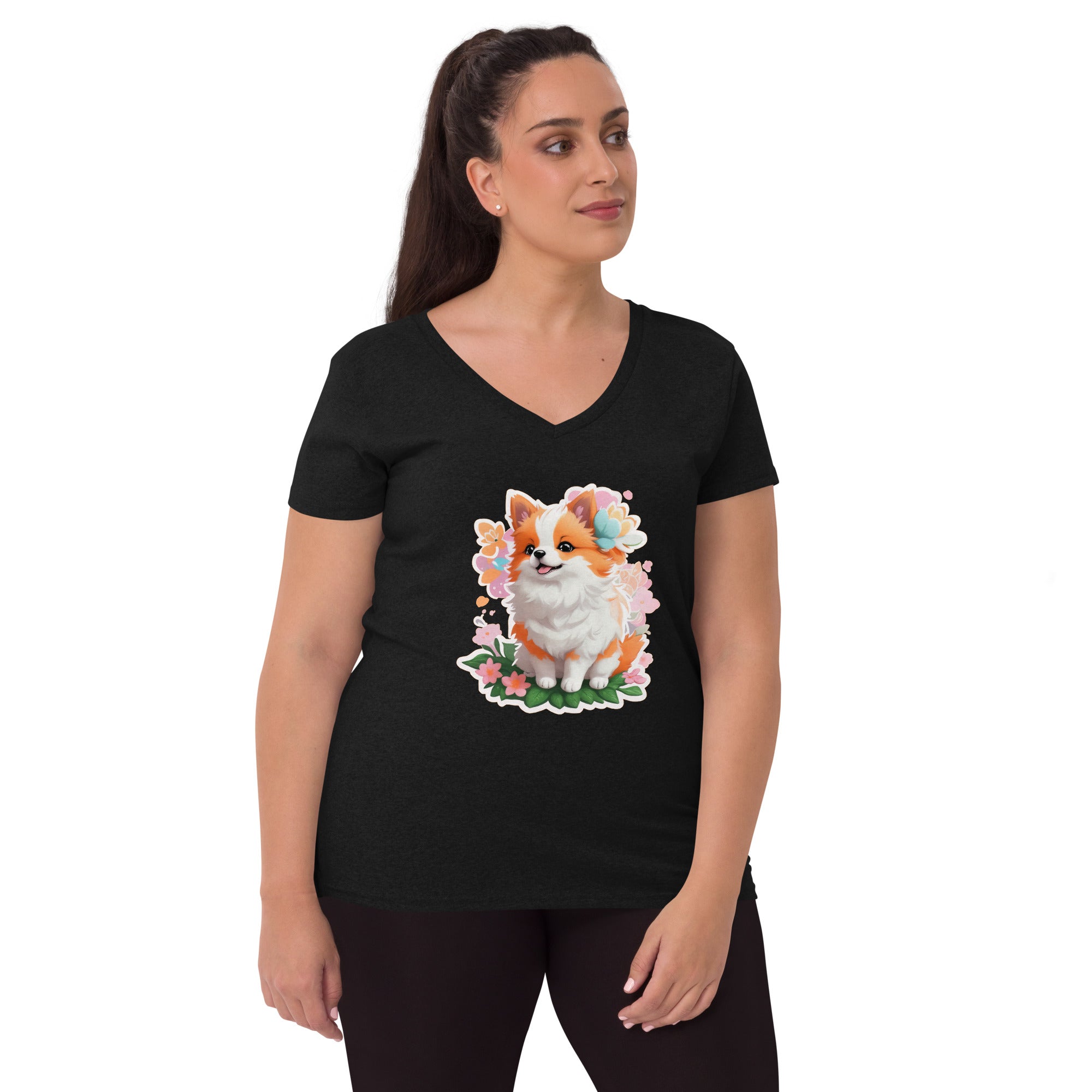 Adorit's Adorable Puppy Women’s Eco Recycled black v-neck t-shirt - front | By PhilanthroBit