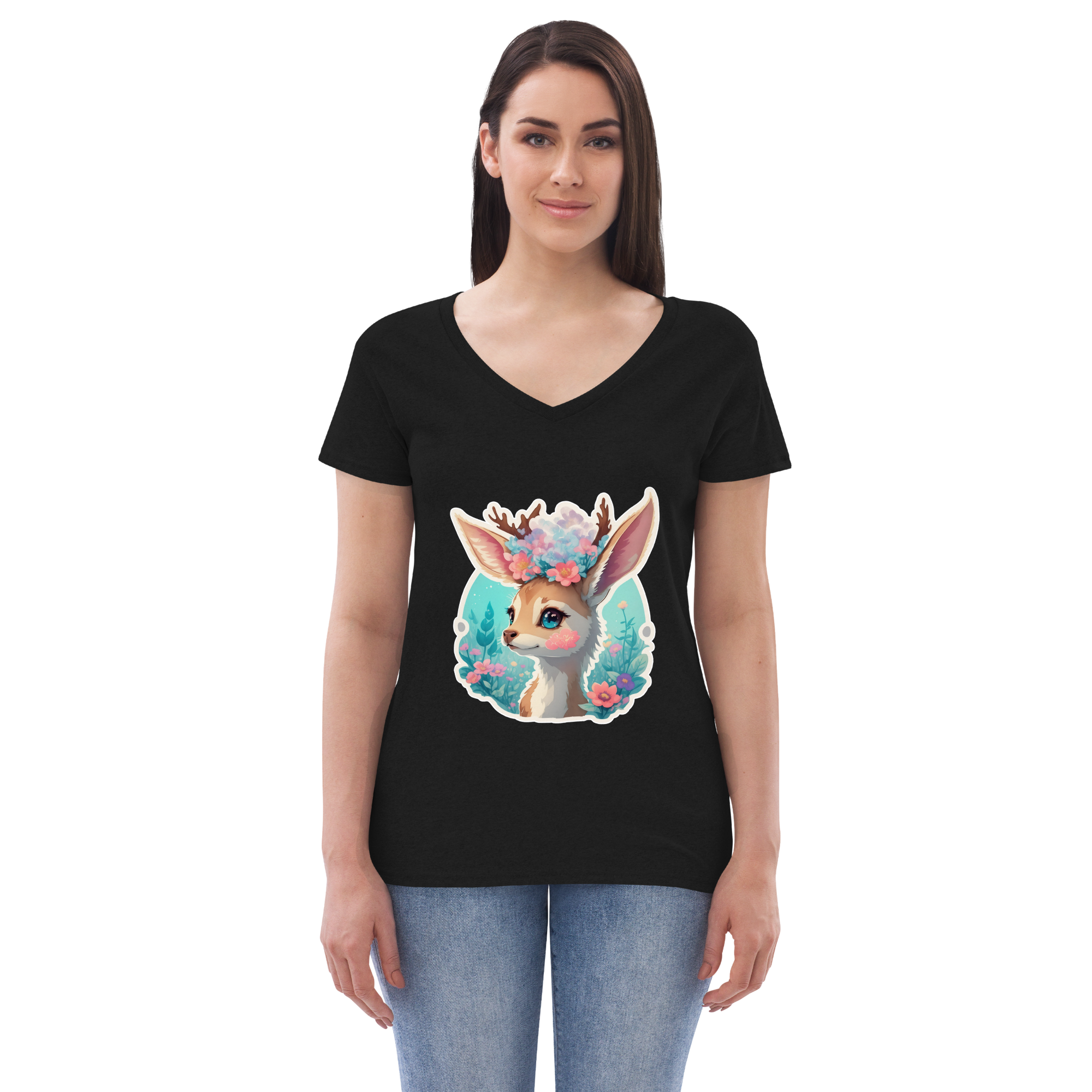 Adorit's Adorable Fawn (deer) with Flowers Eco Women’s 100% recycled black  v-neck t-shirt - front