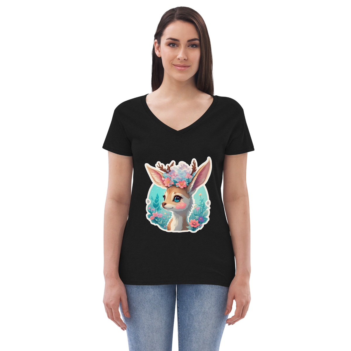 Adorit's Adorable Fawn (deer) with Flowers Eco Women’s 100% recycled black  v-neck t-shirt - front