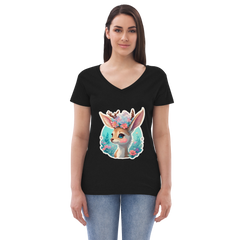 Adorit's Adorable Fawn (deer) with Flowers Eco Women’s 100% recycled black  v-neck t-shirt - front