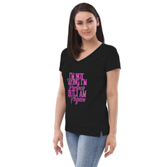 Adorit Perfect Vegan Women’s 100% recycled v-neck black t-shirt - left side | By PhilanthroBit