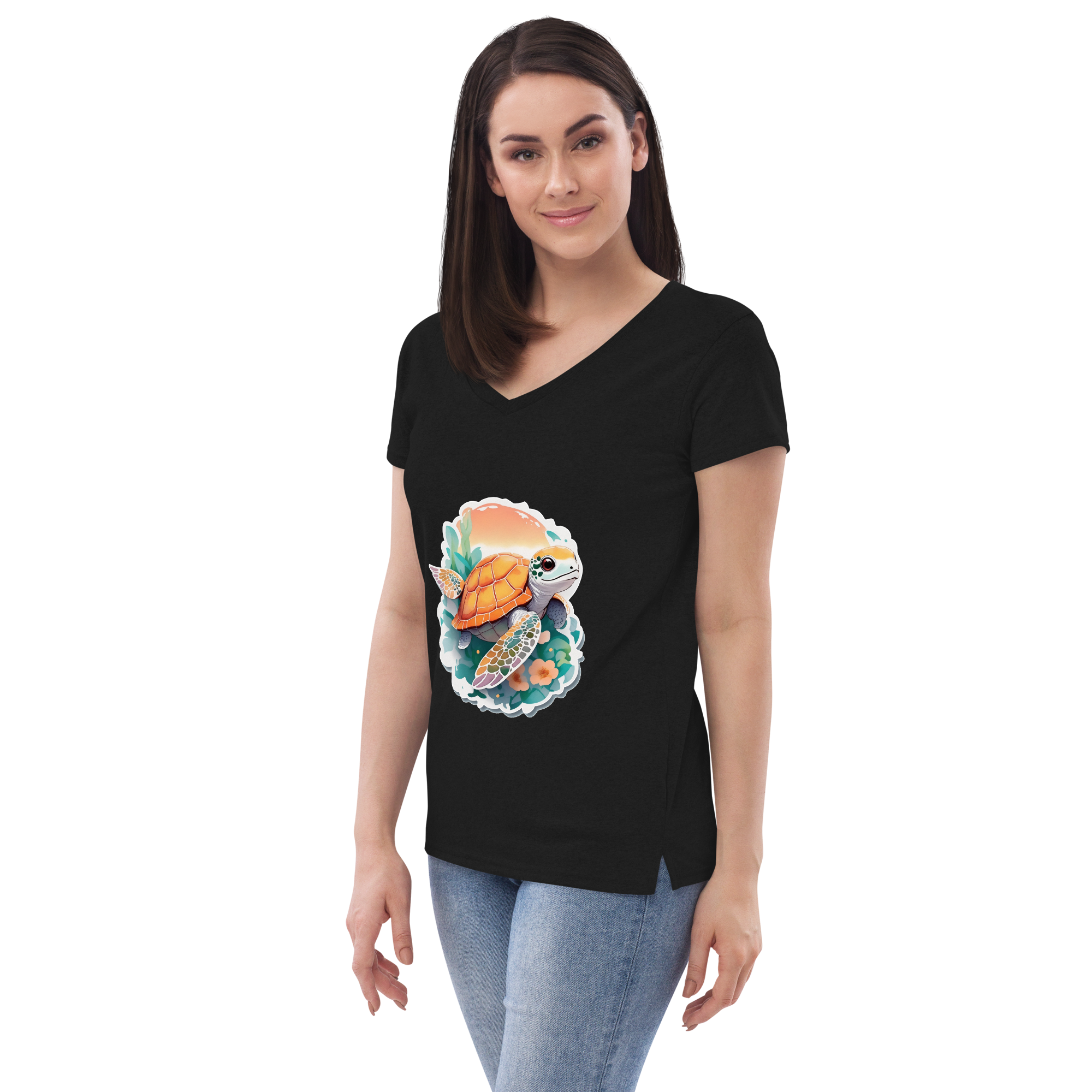 Adorit Sea Turtle Women’s 100% recycled black v-neck t-shirt - left front | By PhilanthroBit