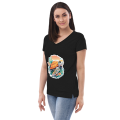 Adorit Sea Turtle Women’s 100% recycled black v-neck t-shirt - left front | By PhilanthroBit