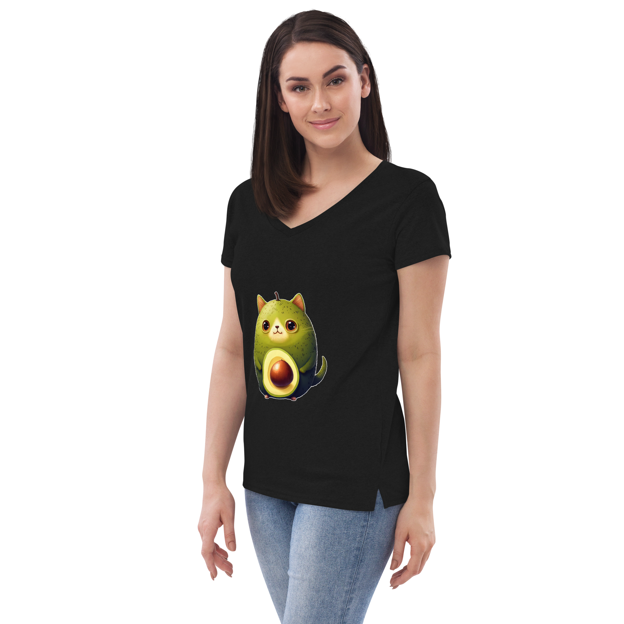 Adorit's Avocat (Avocado-Cat) Women’s 100% recycled v-neck t-shirt - black left front | By PhilanthroBit